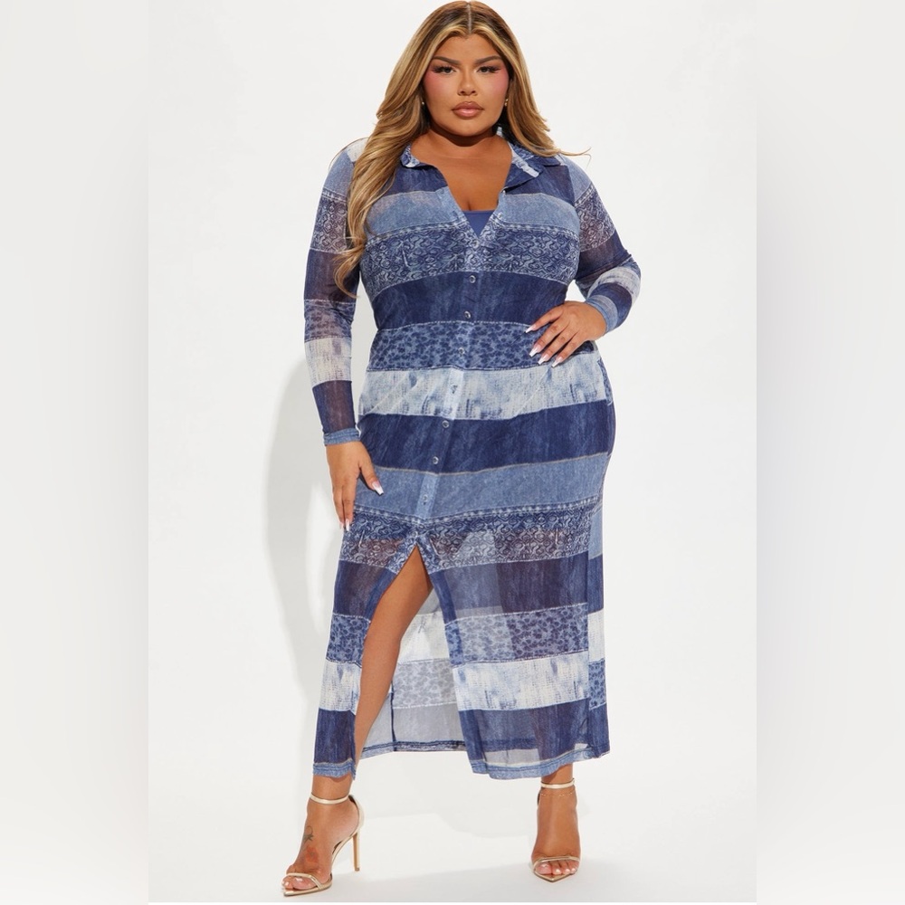 NWT  Denim Mesh Button-Front Maxi Dress